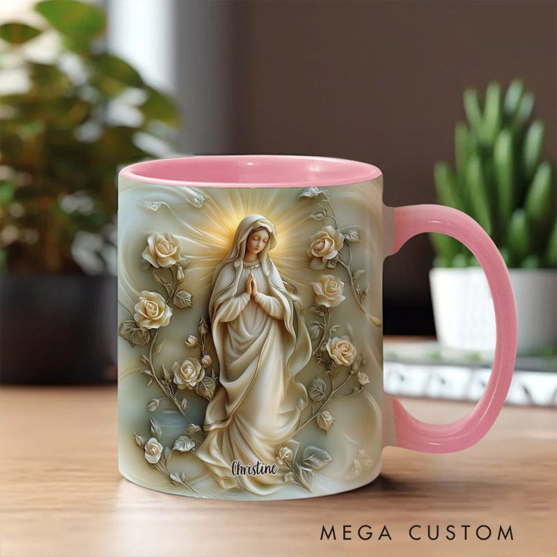 Personalized Virgin Mary Floral Ceramic Mug with Name Religious Inspirational Gift Catholic Gift for Women