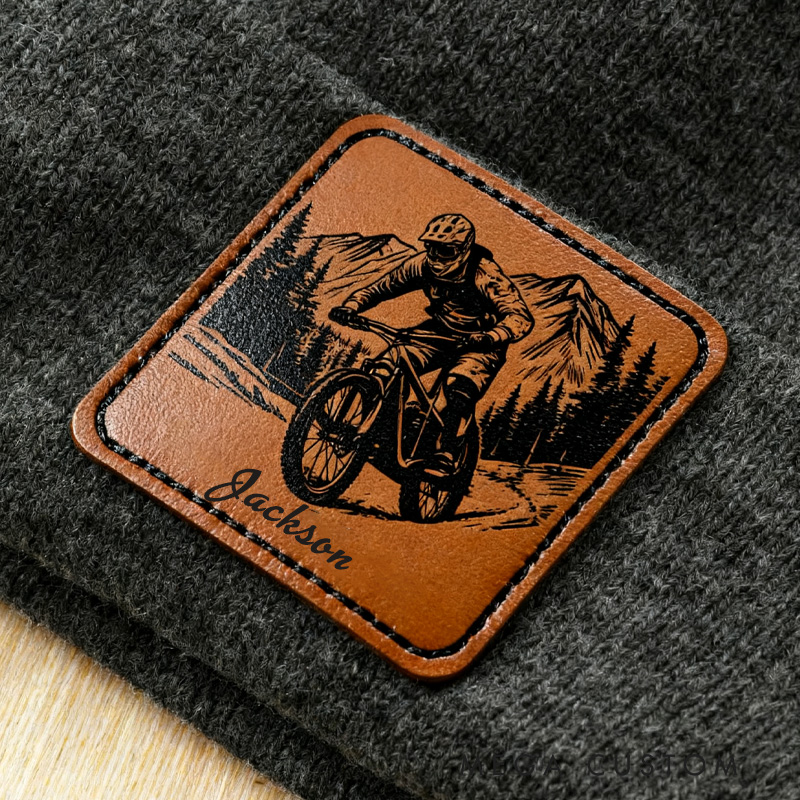 Personalized Leather Patch Beanie Classic Winter Hat Multicolor Rider Photo Knitted Beanie Hat with Name Daily Accessories Birthday Gift for Cycling Lovers Riders