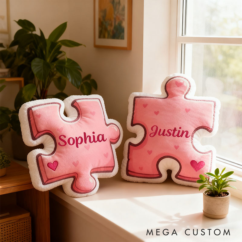 Personalized Girlfriend Pink Heart Puzzle Piece Pillow Custom Wife Name Cushion Valentine's Day Pillow for Husband Wife Christmas Gift for Him Her