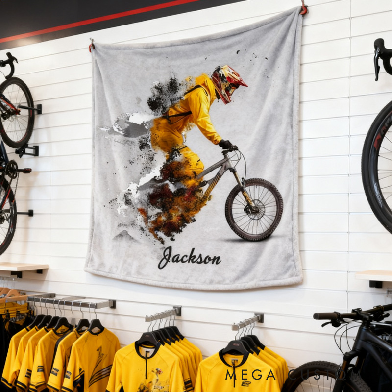 Personalized Mountain Bike Sherpa Blanket Explosion Dynamic Cycling Art Throw Blanket Bike Racing Birthday Cycling Gifts
