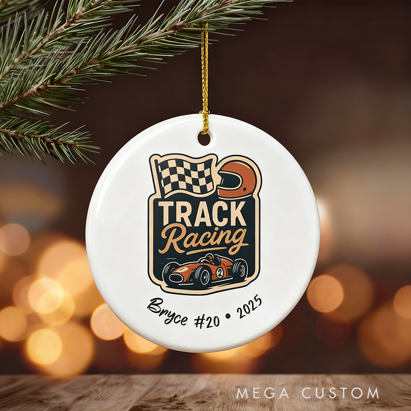 Personalized Racing Christmas Ornament Custom Name and Number Ceramic Round Track Racing Decoration Gift for Car Lovers and Motorsports Fans