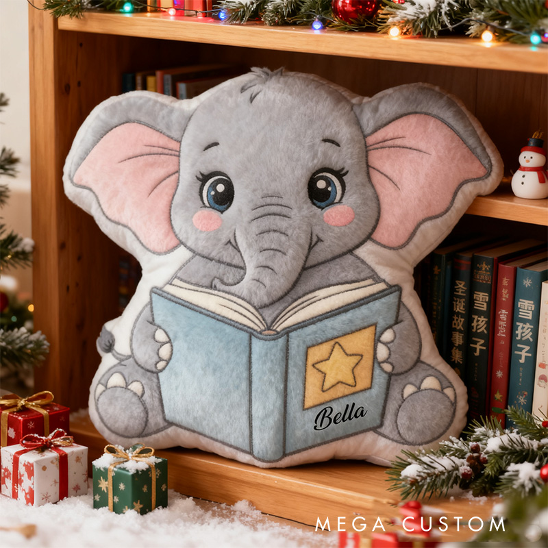Personalized Reading Elephant Throw Pillow Graphic 3D Print Animal Pillow with Name for Kids Boys Girls Book Lover Gifts Birthday Gift