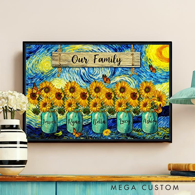 Personalized Our Family Van Gogh Style Starry Night Sunflower Vase Poster Without Frame Custom Art Lover Gift for Her Mom Grandmother for Mother's Day