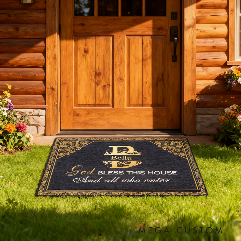 Personalized God Bless this House and All Who Enter Doormat with Name Non-Slip Durable Front Door Decor Religious Gift for Faithful Family