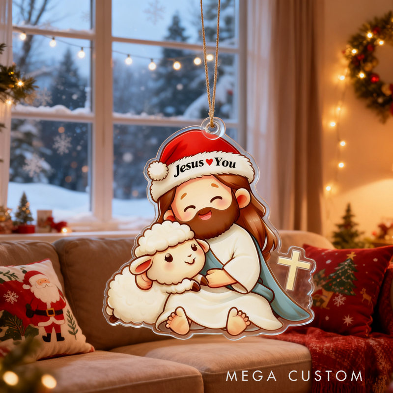 Personalized Cute Jesus Lamb Acrylic Ornament with Jesus Love you Custom Name Holiday Tree Decor Religious Gift for Kids Christian Gift for Christmas