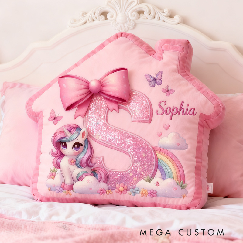 Personalized Unicorn Pillow Pink House-Shaped 26 Letters Custom Name Design Perfect for Girl's Bedroom Decor and Gift Idea Graphic 3D Print