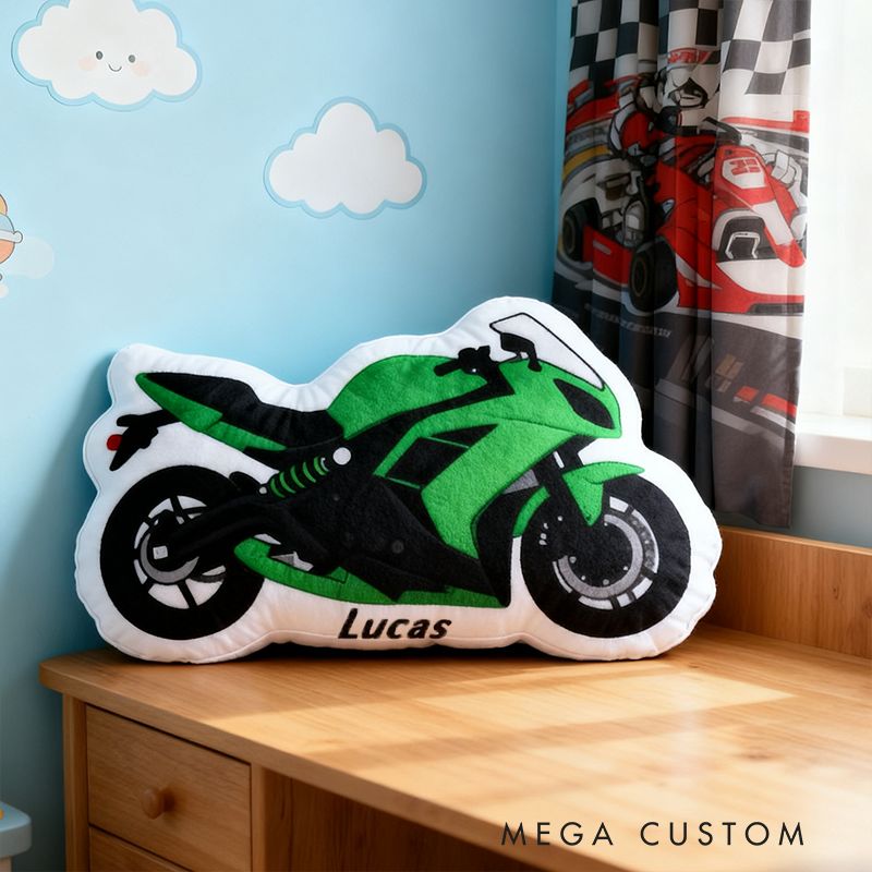 Personalized Motorcycle Pillow Custom Name and Color Motorcycle Shaped Cushion Gift for Motorcyclists and Racing Fans