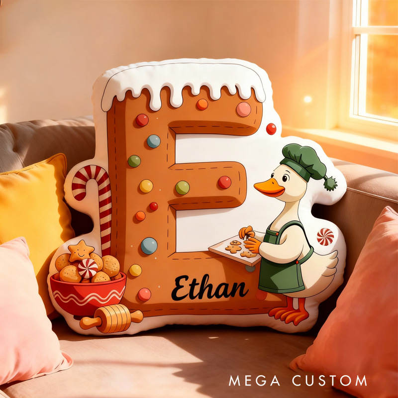 Personalized Christmas Goose Alphabet Throw Pillow Graphic 3D Print Gingerbread Letters with Name Goose Baker Festive Decor Gift for Kids Boys Girls Family 
