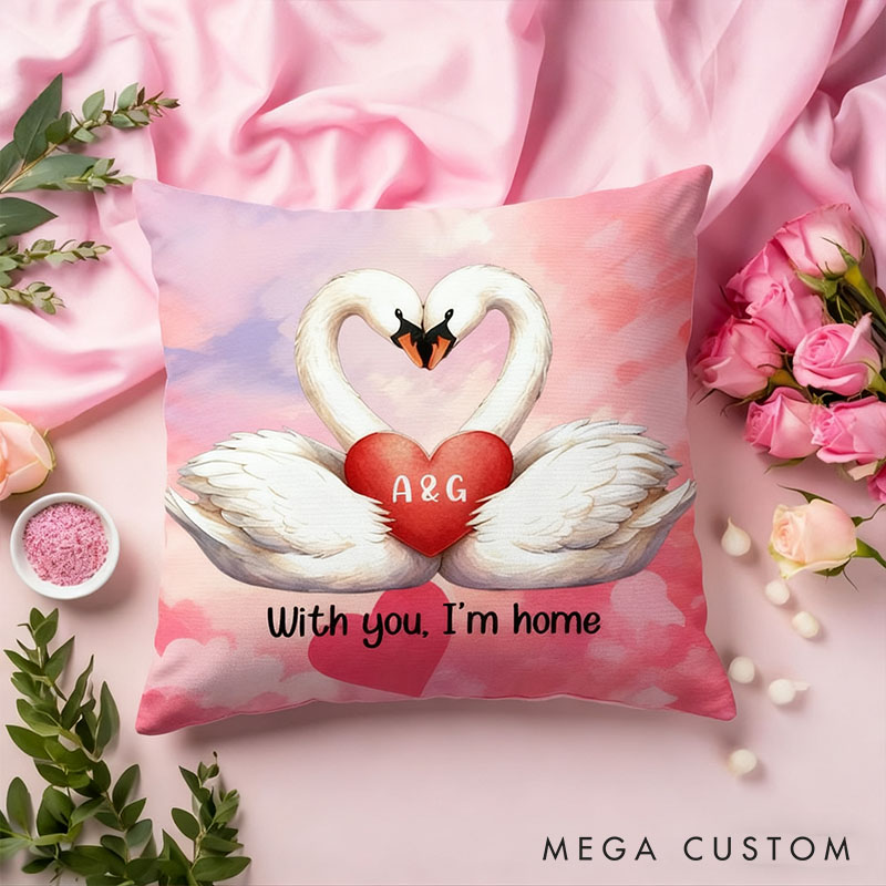 Personalized Cartoon Couple Swans in Love Pillow Custom Newlyweds Name Swans Heart Pillow Valentine's Day Gift for Husband Wife Boyfriend Girlfriend