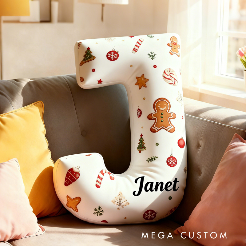 Personalized Gingerbread Cookie Alphabet Throw Pillow Graphic 3D Print Christmas Letters with Name for Baker Festive Decor Gift for Kids Boys Girls Family 