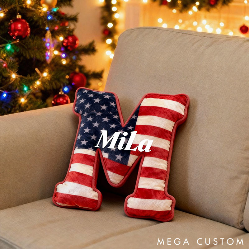 Personalized American Flag Initial Pillow Custom Initial Pillow with American Flag for Boy Girl Friend Patriotic Pillow