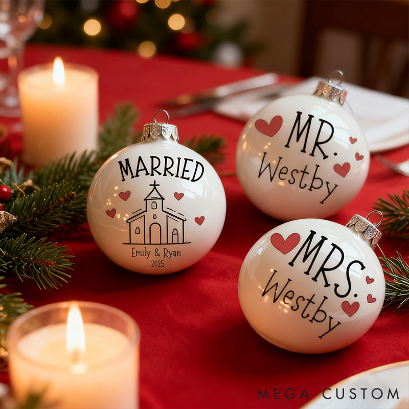 Personalized Mr and Mrs Matching Christmas Ball Ornament Our First Christmas Ornament Set For Newlywed Couple Wedding Ornament Keepsake