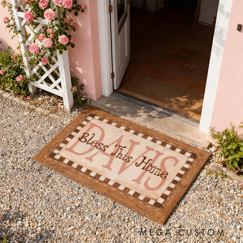 Personalized Bless this Home Doormat with Family Name Non-Slip Durable Front Door Decor Religious Gift for Faithful Family