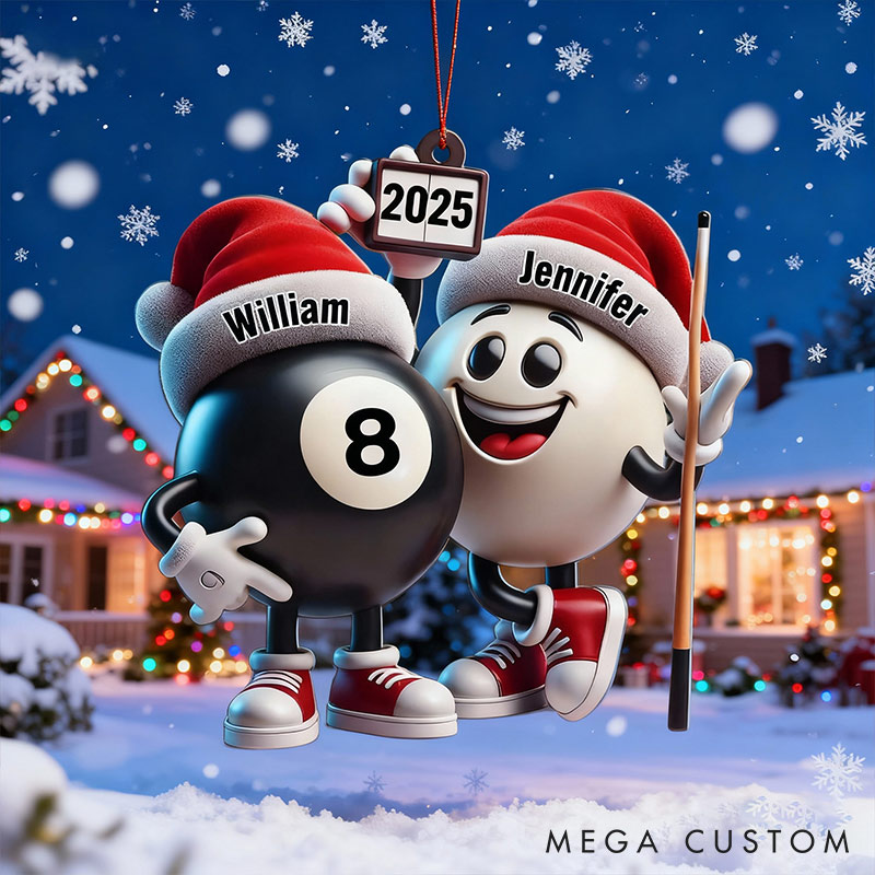 Personalized Funny Pool Ball Design 2D Flag Couple Ornament Chrismas Decoration with Names Chrismas Gift for Husband Wife