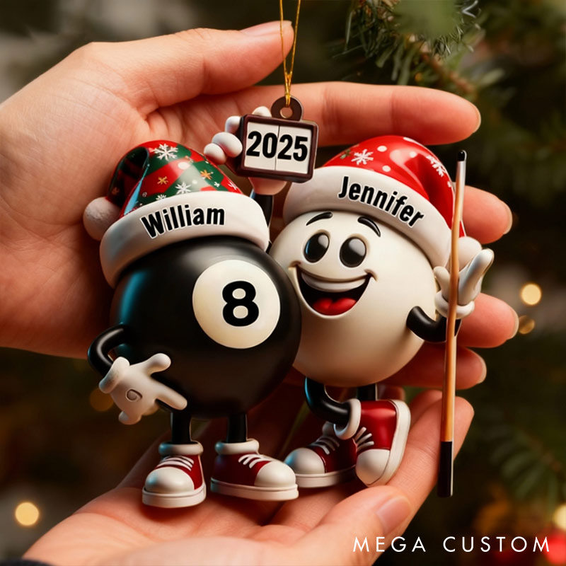 Personalized Funny Chrismas Pool Ball Design 2D Flag Couple Ornament Chrismas Decoration with Names Chrismas Gift for Husband Wife