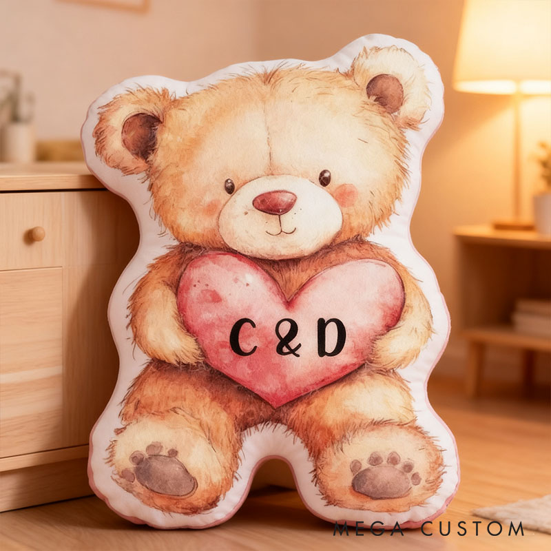 Personalized Flower Girl Bear Heart Pillow with Name Custom Couple Initials Cushion Valentine's Day Gift for Girl Christmas Gift for Girlfriend Wife