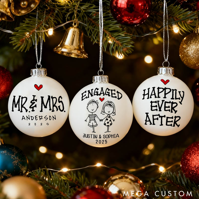 Personalized Mr and Mrs Engaged Matching Christmas Ball Ornament Newlyweds Name Date Hand-Painted Xmas Ball First Christmas Gift for Him Her