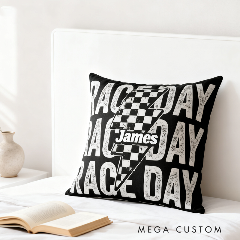 Personalized Race Day Throw Pillow Custom Name Checkered Flag and Lightning Bolt Design Cushion Gift for Racers and Motorsport Fans
