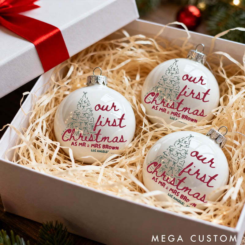 Personalized Our First Christmas as Mr and Mrs Christmas Ball Ornament Newlyweds Couple Tree Bow Married Xmas Ornament Christmas Gift for Him Her