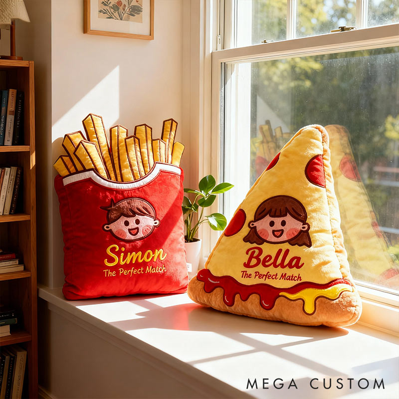 Personalized Cheese Pizza Girl and Crispy Fries Boy Pillow with Name Custom Couple Cushion Gift for Girl Christmas Gift for Girlfriend Boyfriend Wife