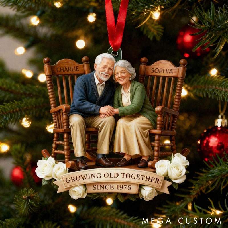 Personalized Growing Old Together Anniversary Ornament Couple 2D Flat Acrylic Ornament with Flowers Sitting Together Vintage Christmas Gift
