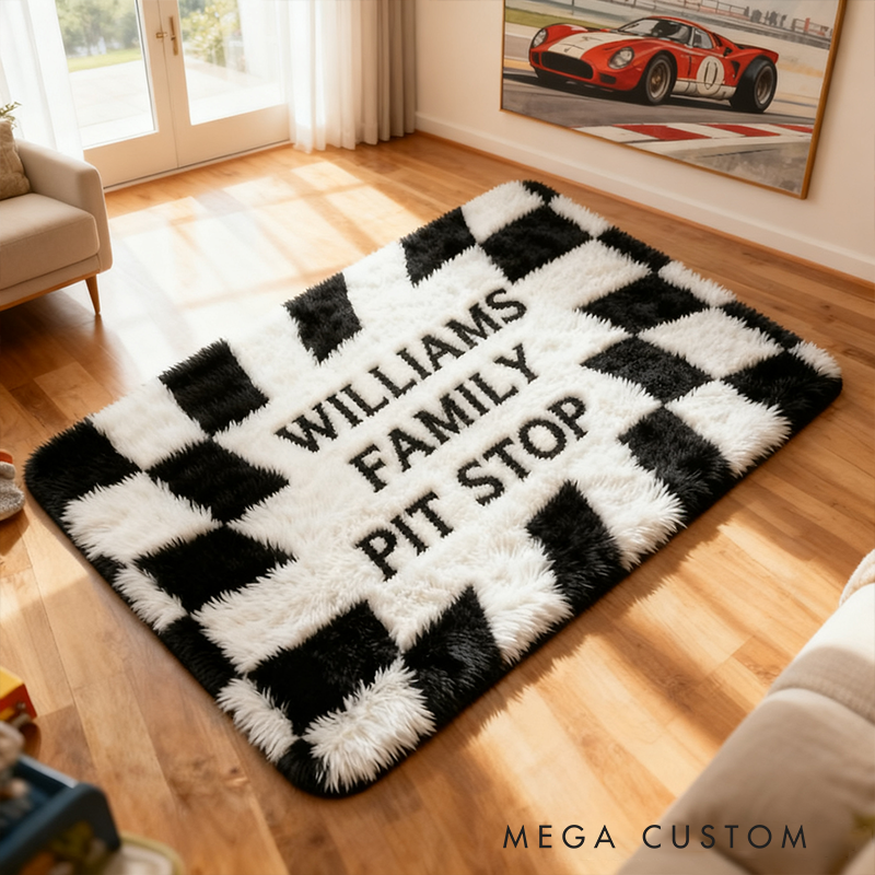 Personalized Racing Checkered Flag Rug Custom Family Name Pit Stop Mat for Motorsport Lovers and Car Families