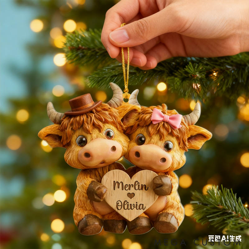 Personalized Couple 2D Flat Printed Faux Wood Highland Cow Acrylic Christmas Ornament Newlywed Xmas Ornaments Christmas Gift for Farm Animal Lovers