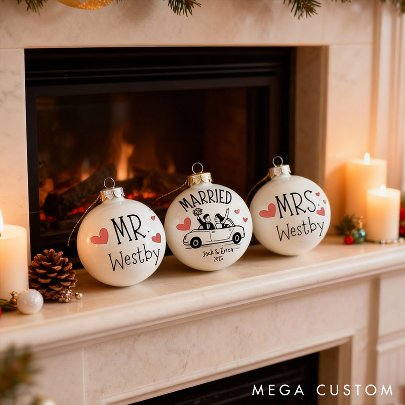 Personalized Mr and Mrs Matching Christmas Ball Ornament Our First Christmas Ornament Set For Newlywed Couple Wedding Ornament Keepsake
