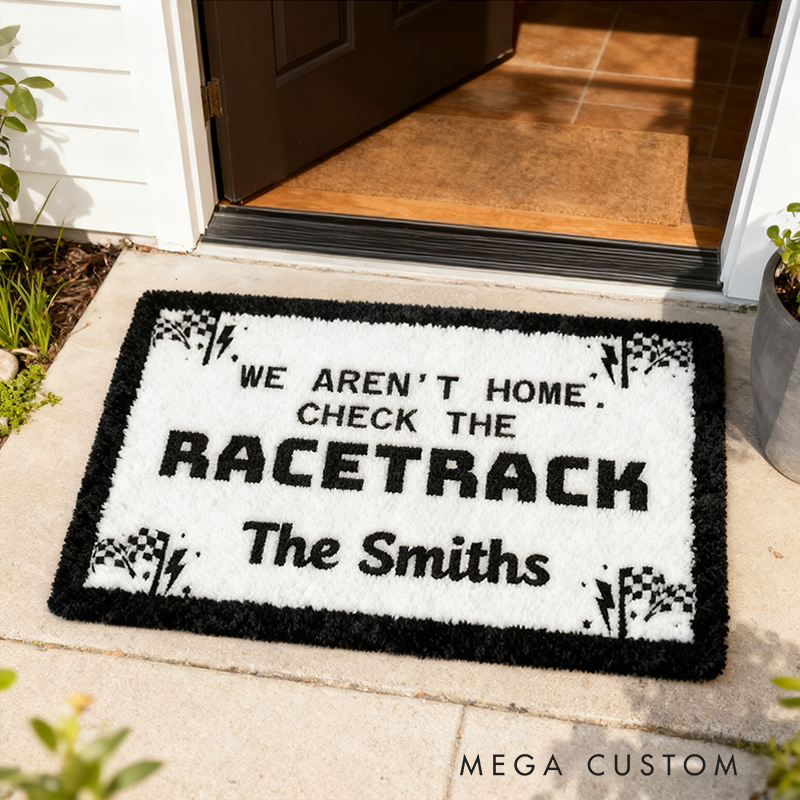 Personalized Racer Family Doormat Custom Name We Are not Home Check the Racetrack Welcome Mat for Car Lovers and Motorsport Fans