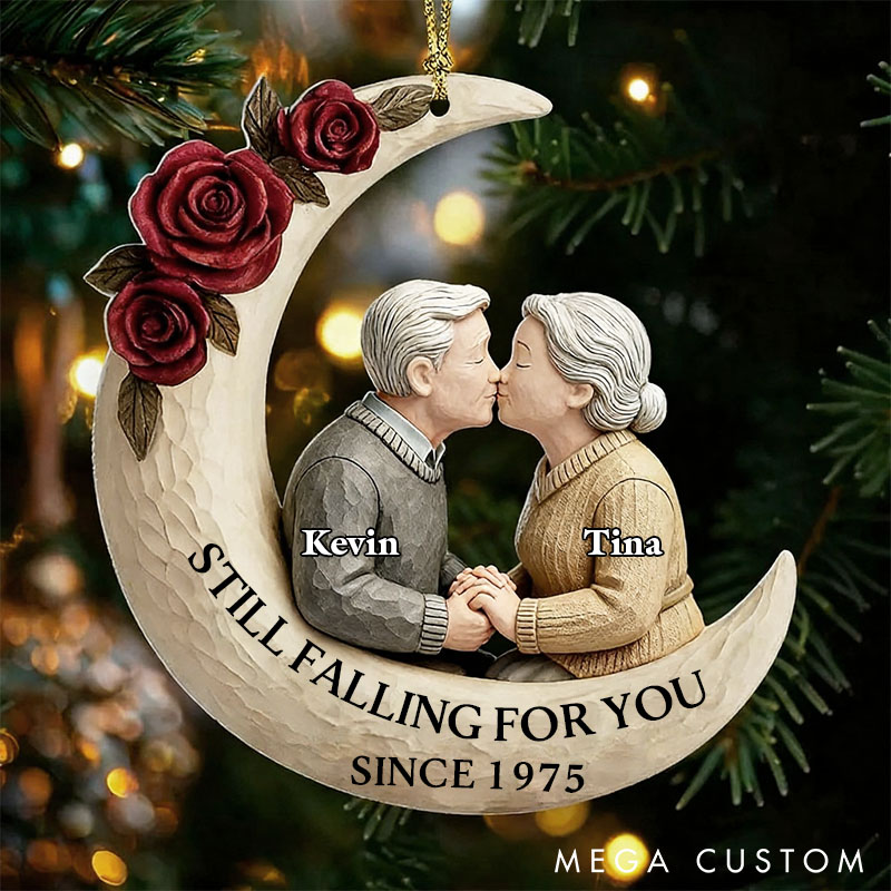 Personalized Old Couple Ornament 2D Flat Couple Anniversary Gift From Our First Kiss Till Our Last Breath Moon Acrylic Ornament with Elderly 