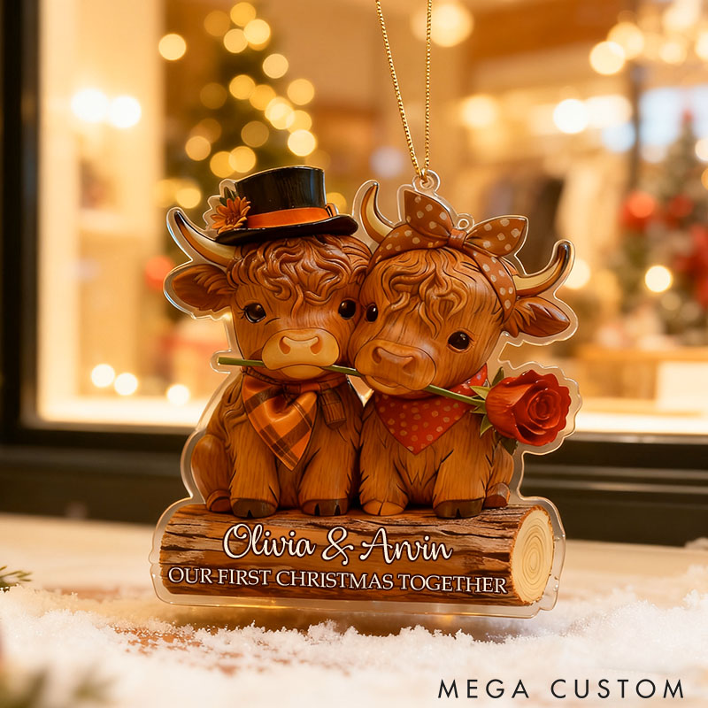 Personalized Couple 2D Flat Printed Faux Wood Highland Cow Acrylic Christmas Ornament Newlywed Xmas Ornament Christmas Gift for Farm Animal Lovers