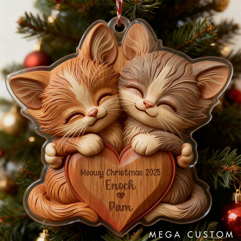 Personalized 2D Flat Printed Faux Wood Couple Cat Acrylic Christmas Ornament Custom Newlywed Xmas Ornament Our First Christmas Gift for Animal Lovers