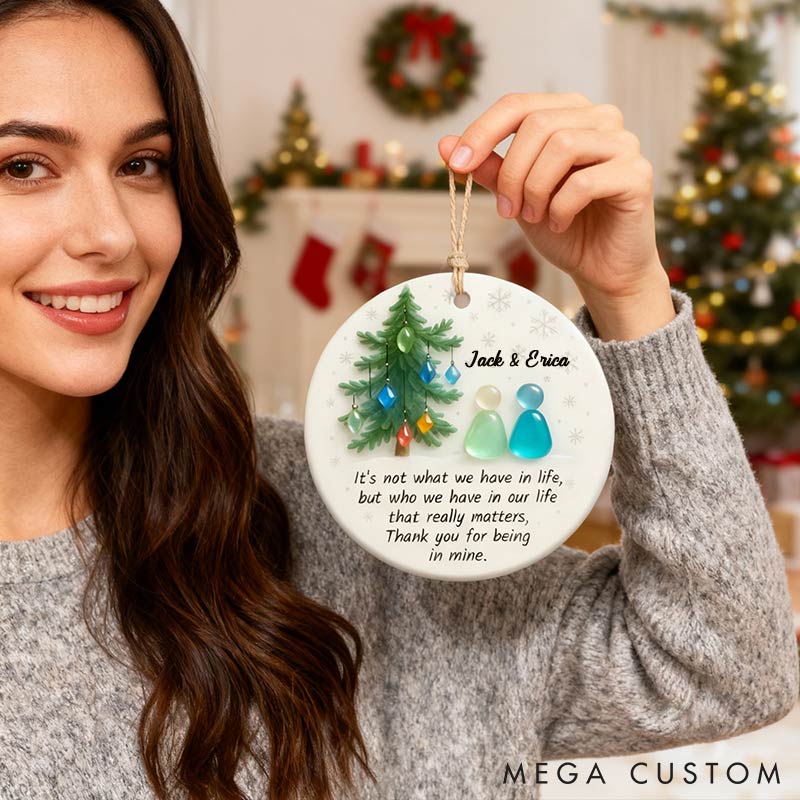 Personalized Faux Sea Glass Couple 2D Flag Chrismas Tree Couple Ornament Chrismas Decoration Gift for Husband Wife for Girfriend Boyfriend