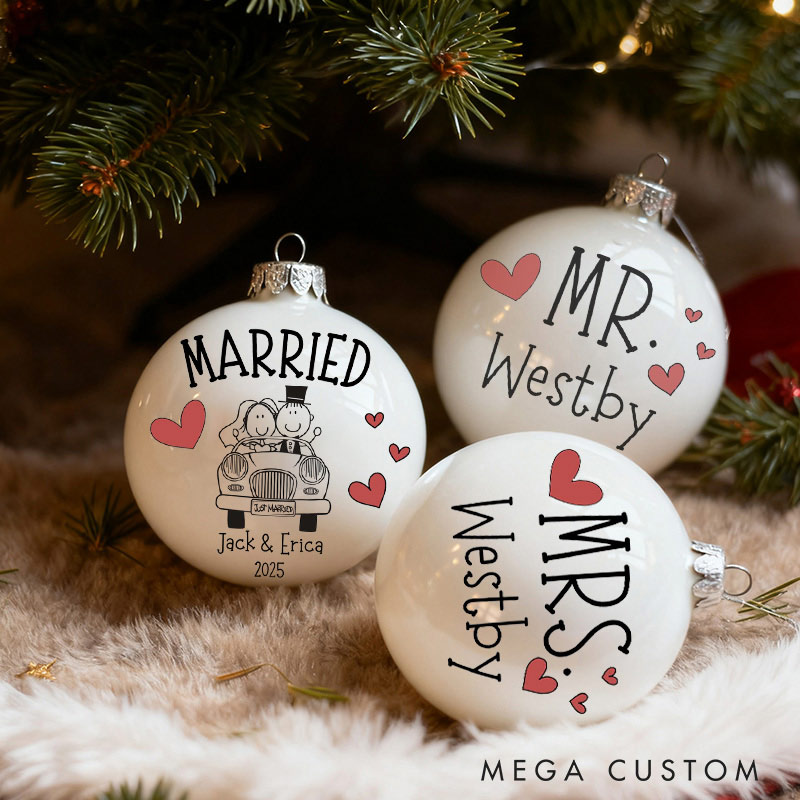 Personalized Mr and Mrs Matching Christmas Ball Ornament Our First Christmas Ornament Set For Newlywed Couple Wedding Ornament Keepsake