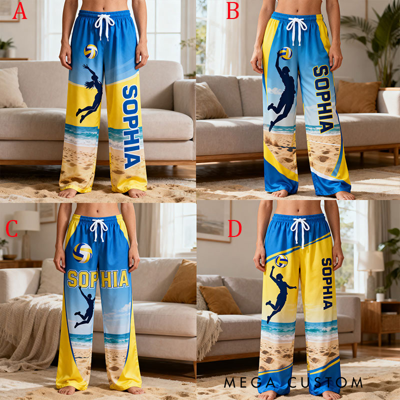 Personalized Volleyball Pajama Pants with Custom Name and Beach Design for Fans and Players