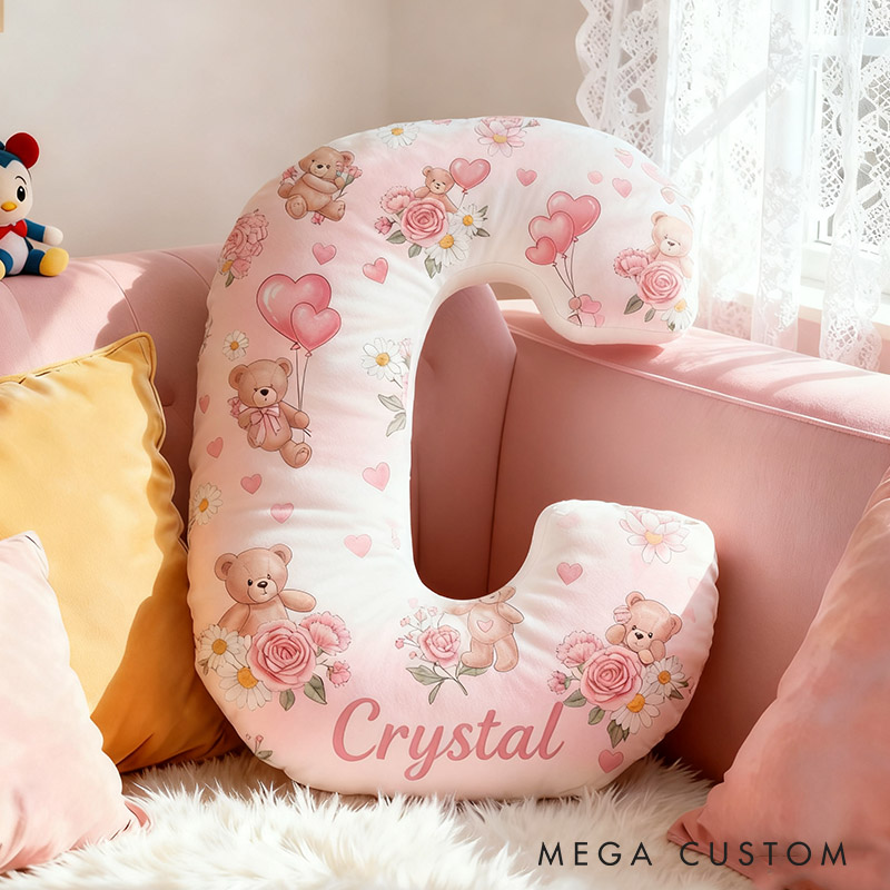 Personalized Flower Girl Pink Floral Bear Heart Balloon Letter Pillow Custom Couple Cushion Wedding Gift for Girl Christmas Gift for Girlfriend Wife