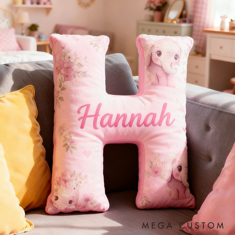Personalized Flower Girl Pink Floral Elephant Heart 26 Letter Pillow Custom Girl Name Cushion Wedding Gift for Girl Christmas Gift for Girlfriend Wife