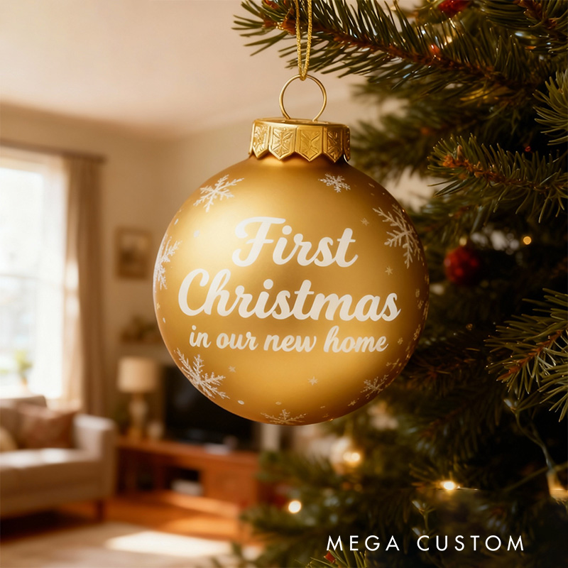 Personalized Christmas Ball Ornament First Christmas Ornament in Our New Home Red Holiday Decoration Custom Keepsake Gift for New Beginnings