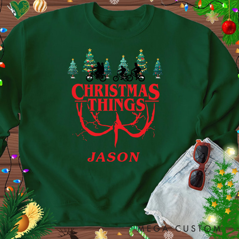 Personalized Cycling Christmas Sweatshirt Strange Cycling Things Funny Biking Holiday Sweater with Name Sweatshirts Gift for Rider Friends Cycling Riding Lovers