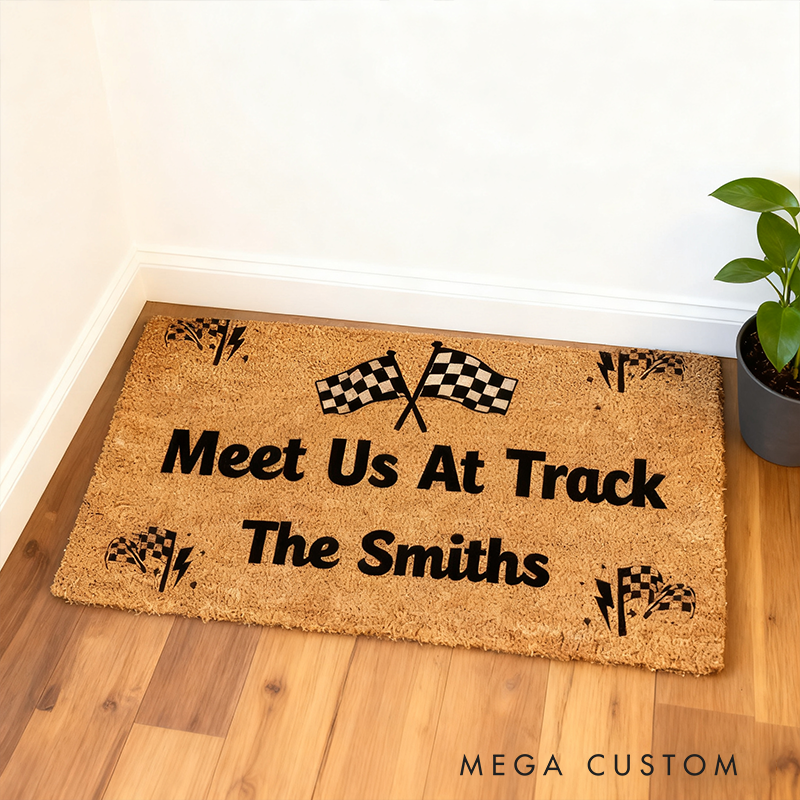 Personalized Racing Doormat Meet Us At The Track Custom Name Coir Mat Racetrack Decor for Car Lovers