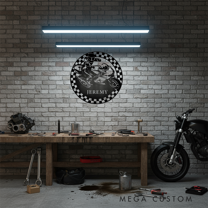 Personalized Motorcycle Racing Metal Sign Custom Name Round Wall Art Biker Garage Decor Gift for Racers and Motorcycle Lovers