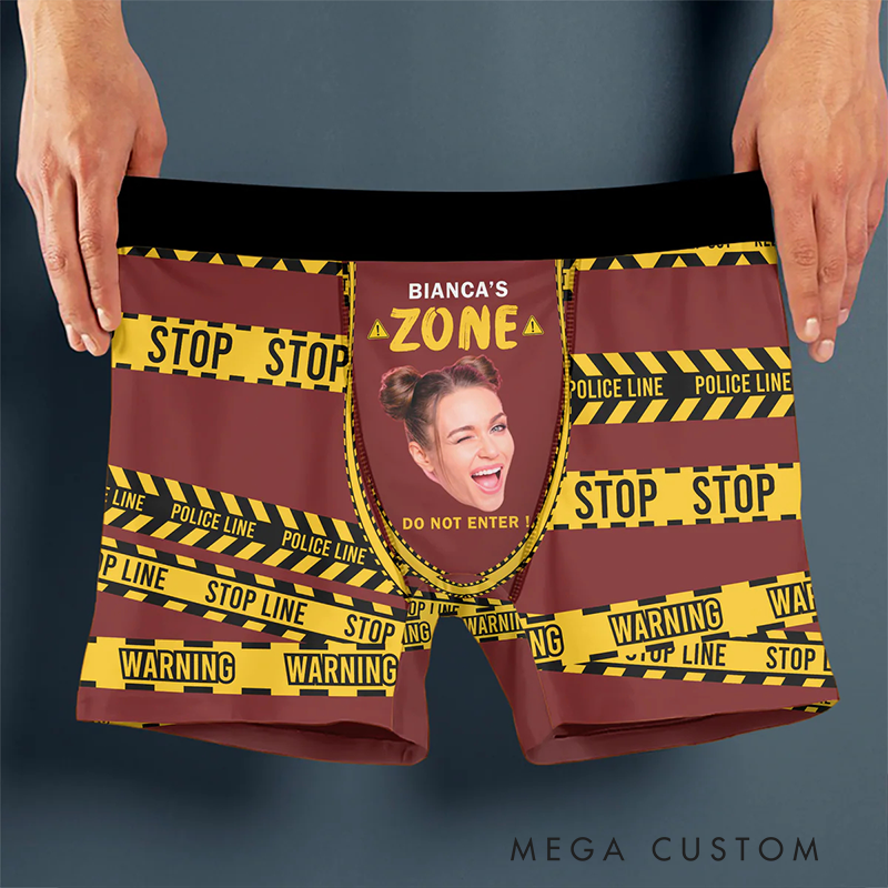 Personalized Funny Face Photo My Zone Police Line Design Men's Boxer Briefs Gift for Boyfriend and Husband