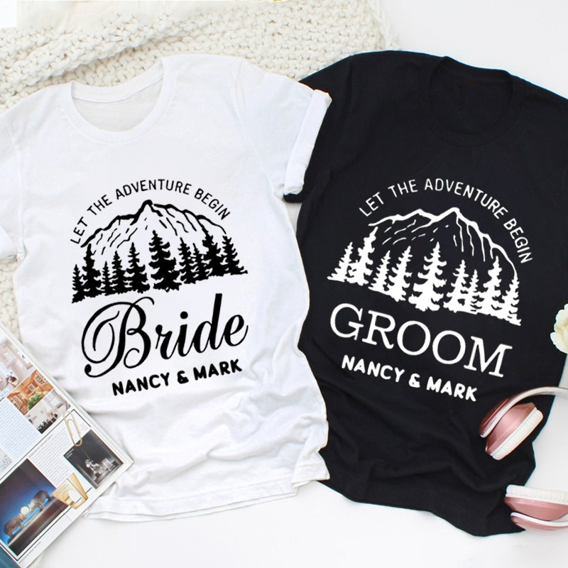 Personalized Mountain Serene Let The Adventure Begin Bride and Groom Wedding Couple Classic T-Shirt