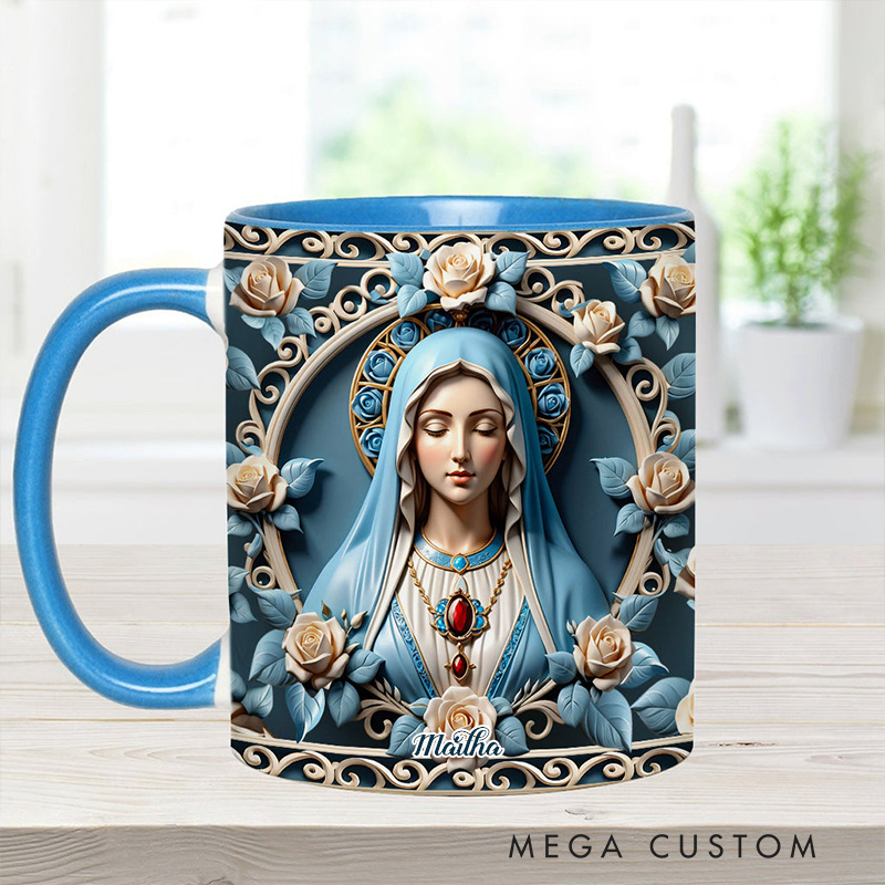 Personalized Mother of God Rosette Wreath Emblem Ceramic Mug with Name Religious Inspirational Gift Faith Gift Catholic Gift for Women
