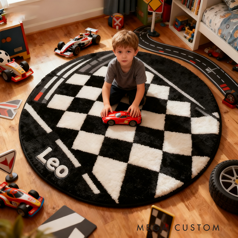 Personalized Racing Rug Custom Name Checkered Flag Round Carpet for Racing and Car Lovers Decor