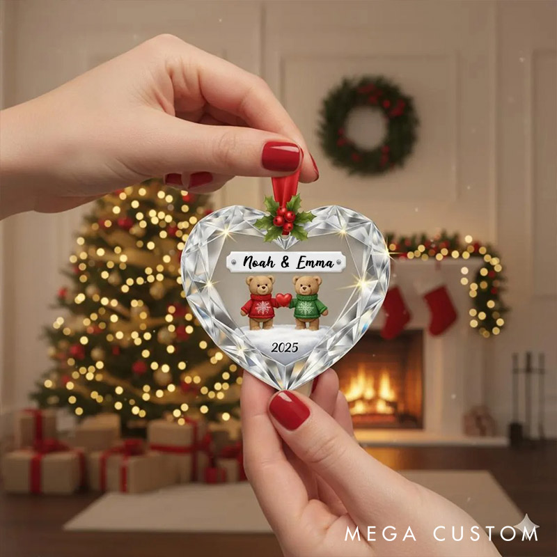 Personalized Faux Diamond Bear Couple 2D Flag Coustom Name Date Location Ornament Chrismas Decoration Gift for Husband Wife for Girfriend Boyfriend