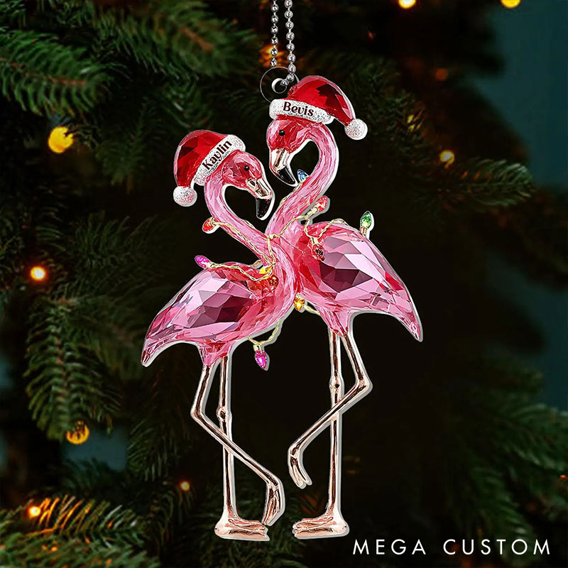 Personalized Faux Diamond Flamingo Couple 2D Flag Coustom Name Date Location Ornament Chrismas Decoration Gift for Husband Wife for Girfriend Boyfriend