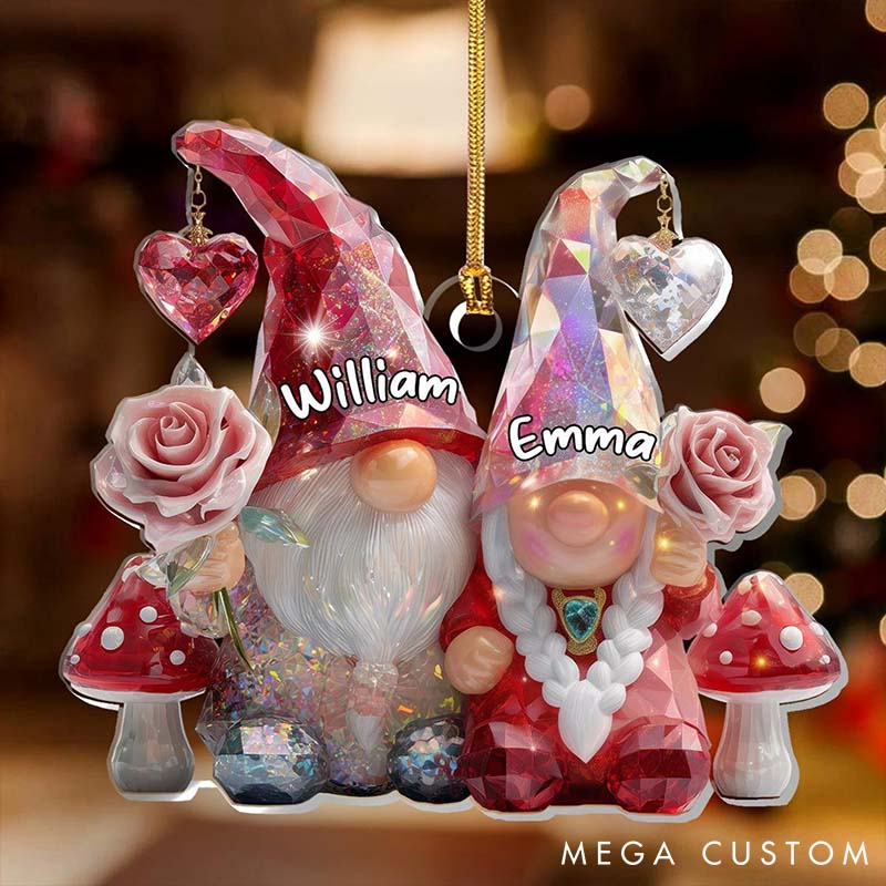 Personalized 2D Flat Printed Crystal Gnome Couple Acrylic Christmas Ornament Custom Newlywed Xmas Ornament Our First Christmas Gift for Him Her