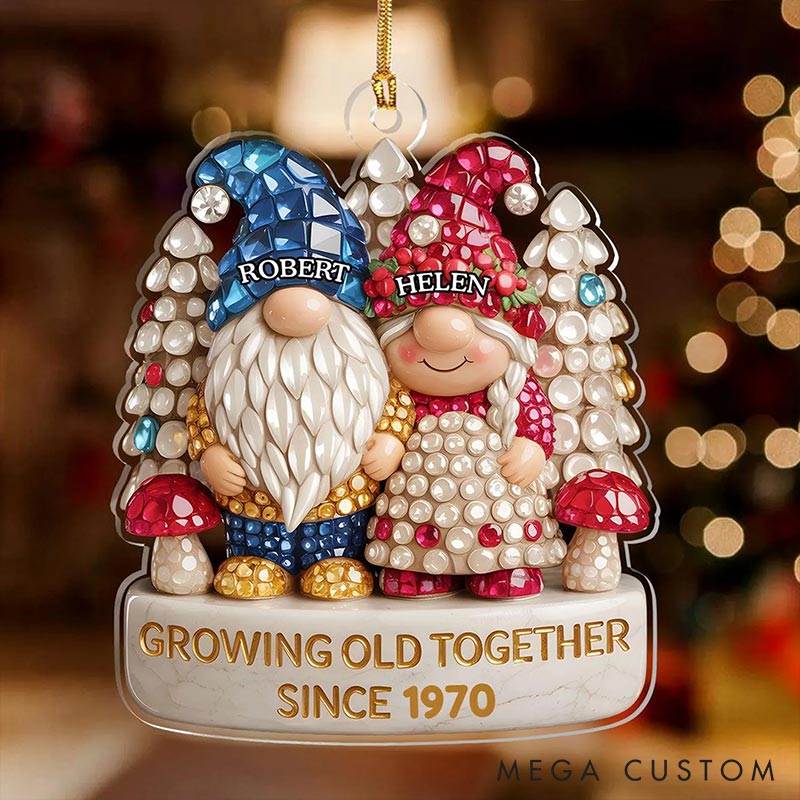 Personalized Growing Old Together Since Faux Diamond Gnome Couple 2D Flag Ornament Chrismas Decoration Gift for Husband Wife for Girfriend Boyfriend