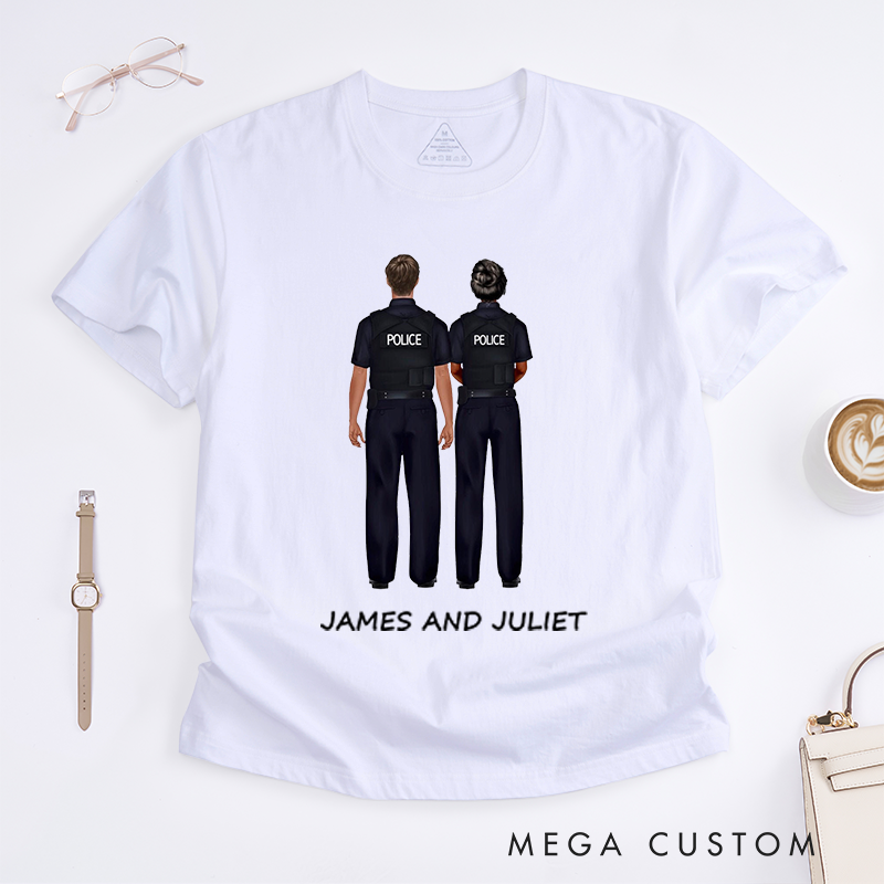 Personalized Police Couple Illustration Design Gift for Wife Police Officer T-Shirt